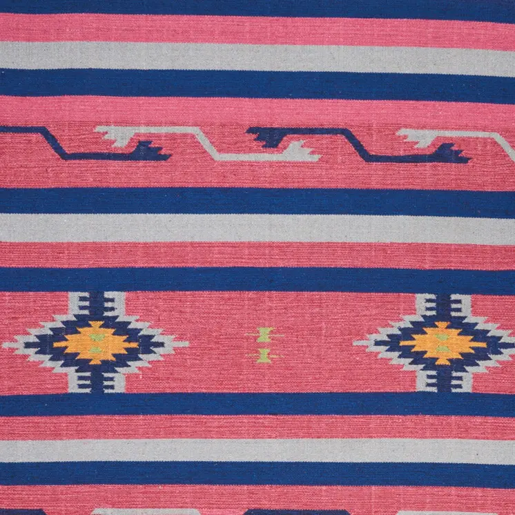7' X 10' Pink and Blue Southwestern Handmade Area Rug With Fringe
