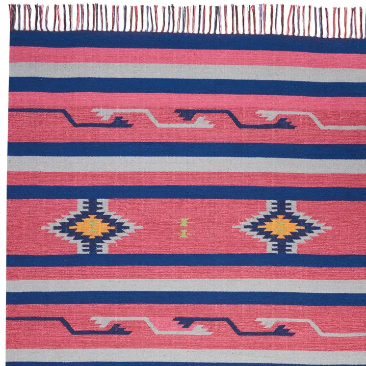7' X 10' Pink and Blue Southwestern Handmade Area Rug With Fringe