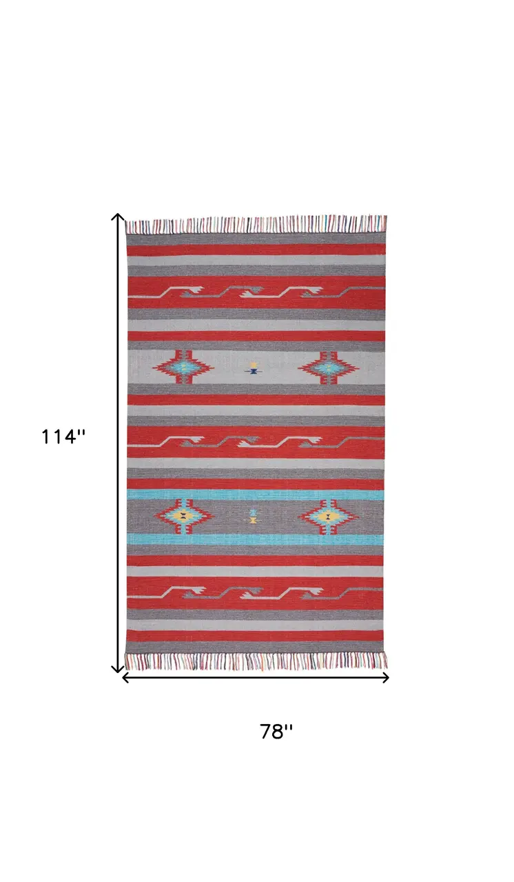 7' X 10' Gray and Red Southwestern Handmade Area Rug With Fringe