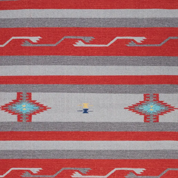7' X 10' Gray and Red Southwestern Handmade Area Rug With Fringe