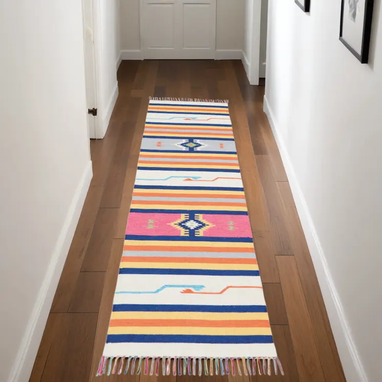 8' Ivory Southwestern Handmade Runner Rug With Fringe