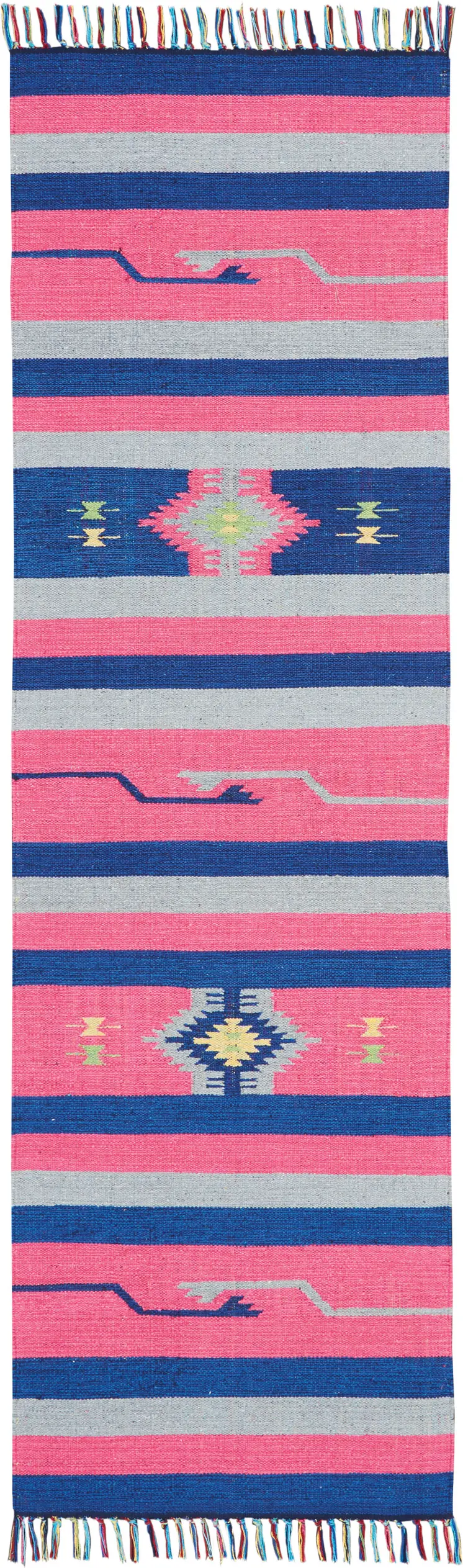 8' Pink And Blue Southwestern Handmade Runner Rug With Fringe