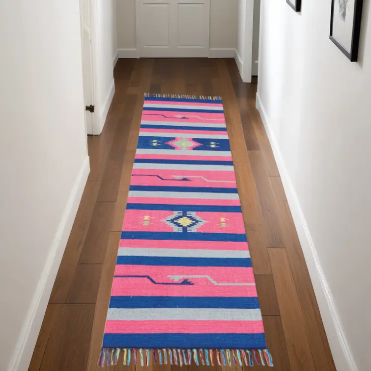 8' Pink And Blue Southwestern Handmade Runner Rug With Fringe