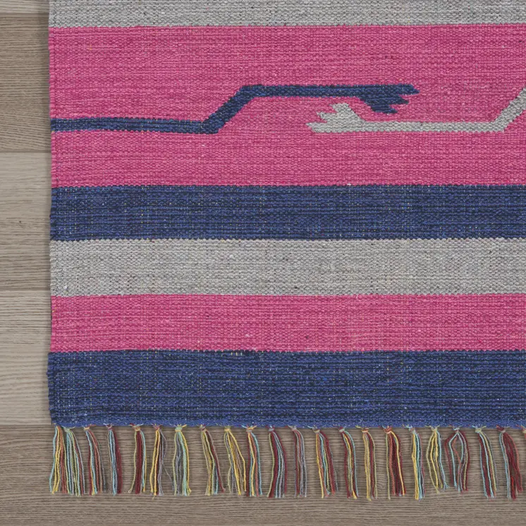 8' Pink And Blue Southwestern Handmade Runner Rug With Fringe
