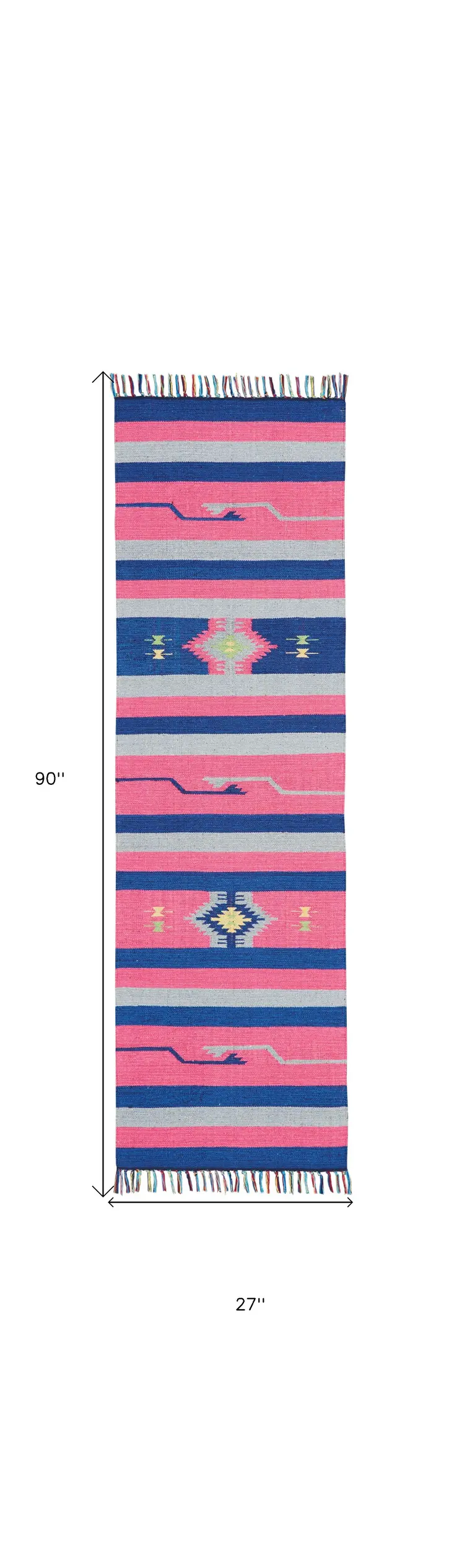 8' Pink And Blue Southwestern Handmade Runner Rug With Fringe
