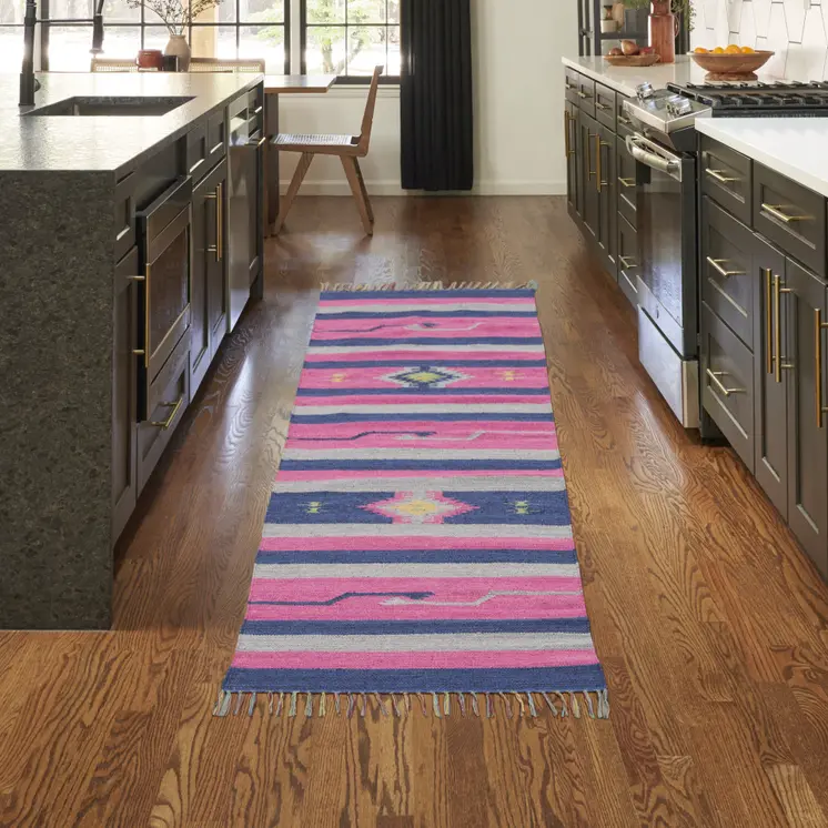 8' Pink And Blue Southwestern Handmade Runner Rug With Fringe