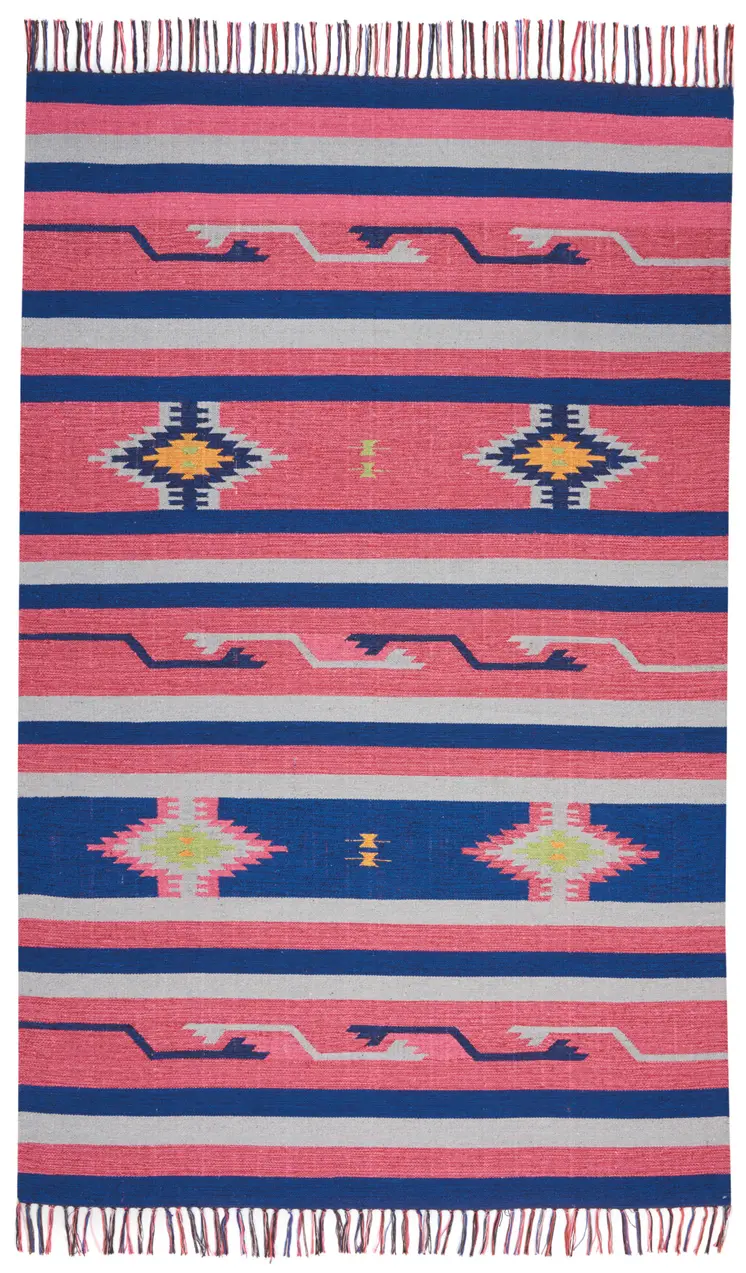 5' X 7' Pink and Blue Southwestern Handmade Area Rug With Fringe