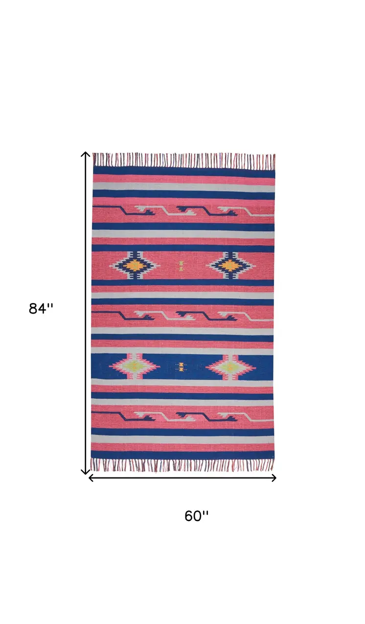 5' X 7' Pink and Blue Southwestern Handmade Area Rug With Fringe