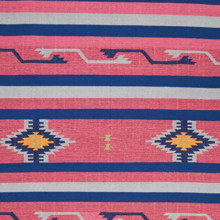 5' X 7' Pink and Blue Southwestern Handmade Area Rug With Fringe