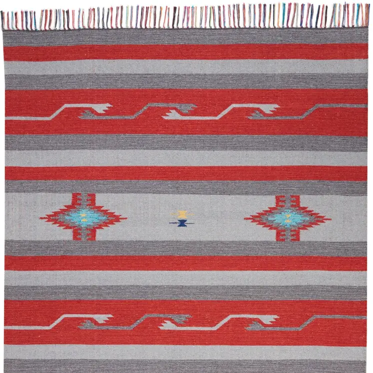 5' X 7' Gray and Red Southwestern Handmade Area Rug With Fringe