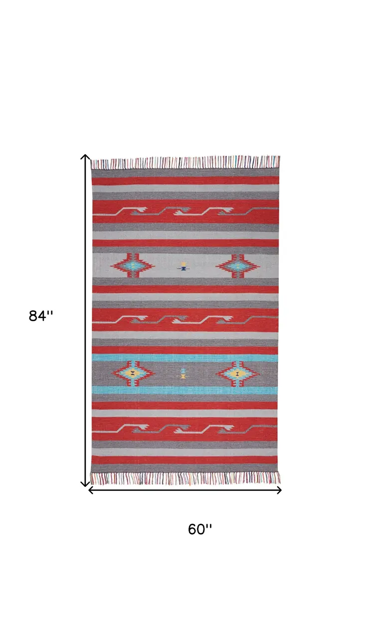 5' X 7' Gray and Red Southwestern Handmade Area Rug With Fringe