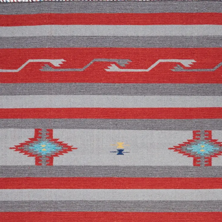 5' X 7' Gray and Red Southwestern Handmade Area Rug With Fringe
