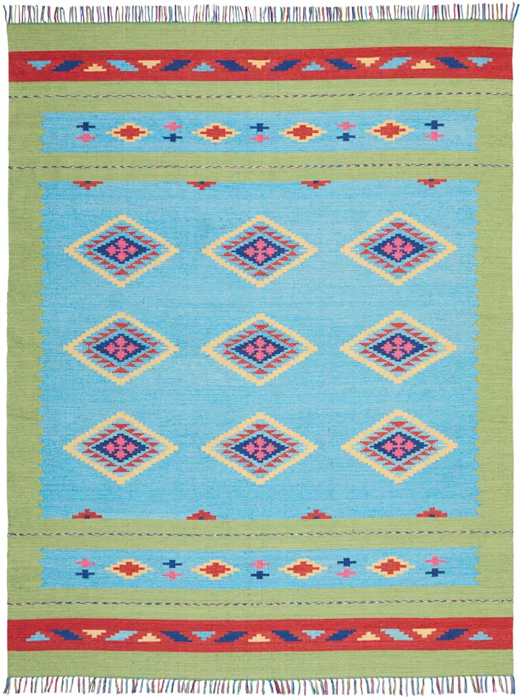 8' X 10' Blue and Yellow Southwestern Handmade Area Rug With Fringe