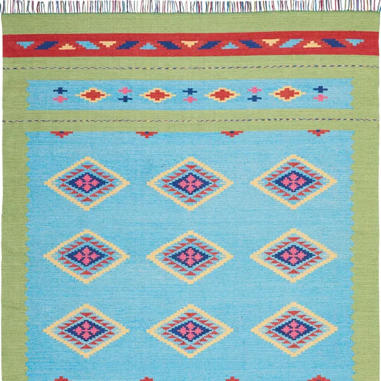 8' X 10' Blue and Yellow Southwestern Handmade Area Rug With Fringe