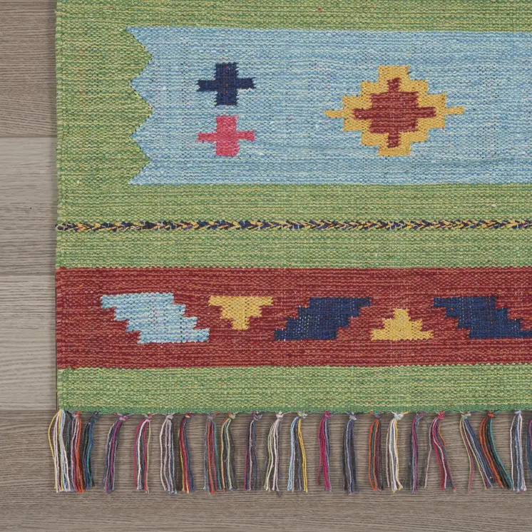 8' X 10' Blue and Yellow Southwestern Handmade Area Rug With Fringe