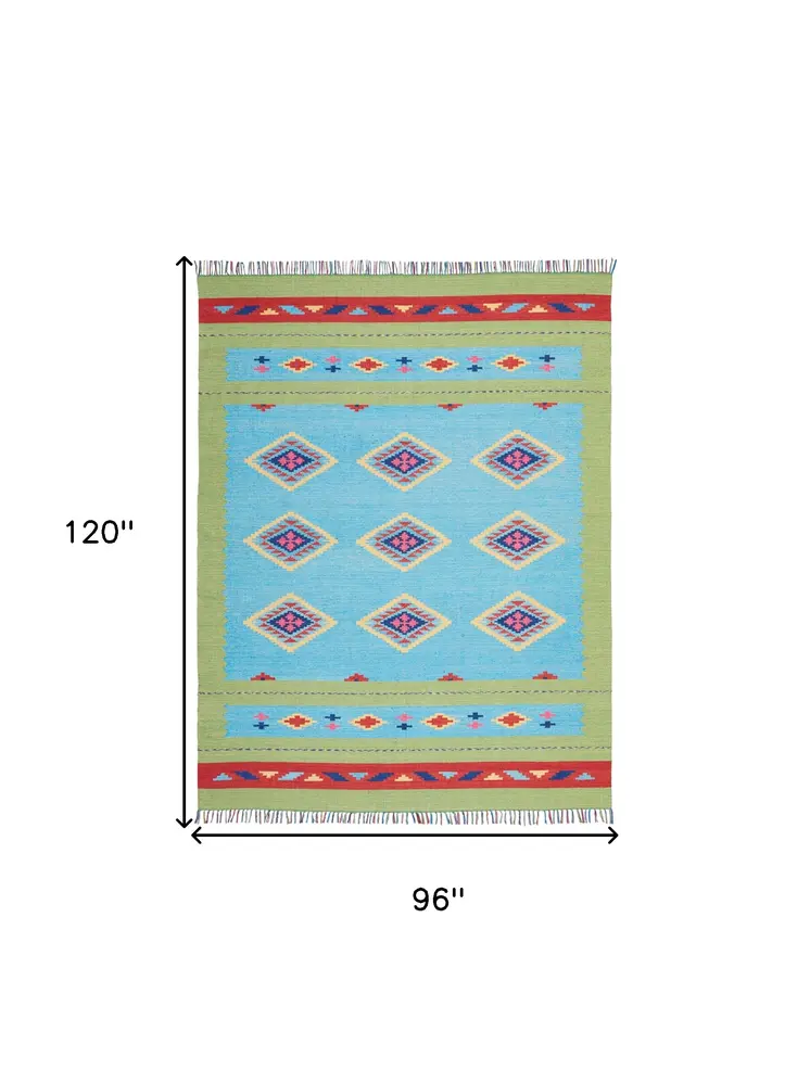 8' X 10' Blue and Yellow Southwestern Handmade Area Rug With Fringe