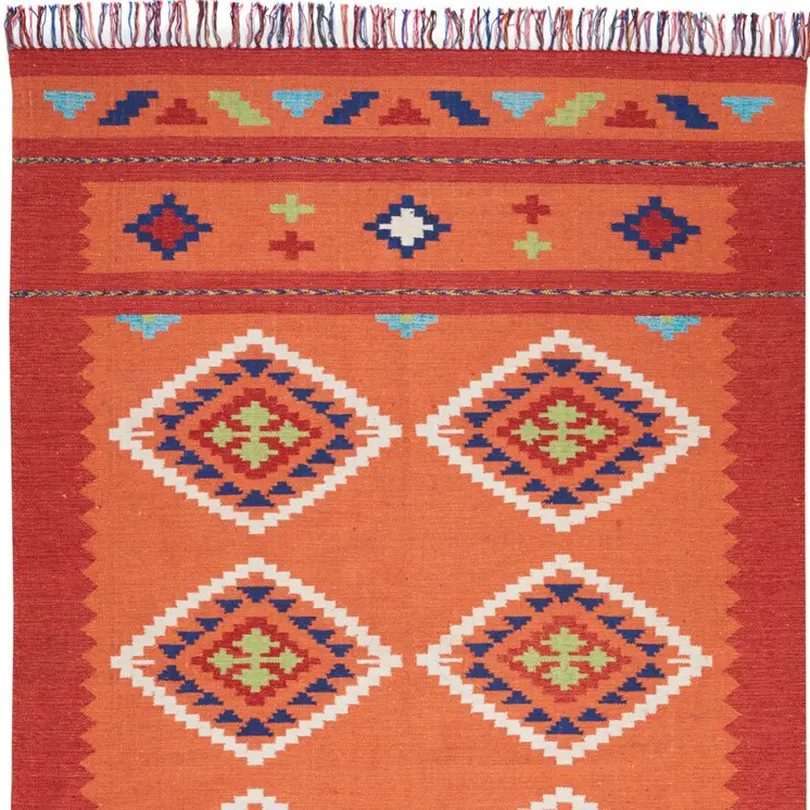 7' X 10' Orange and Red Southwestern Handmade Area Rug With Fringe