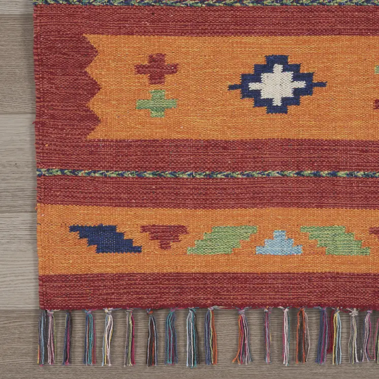 7' X 10' Orange and Red Southwestern Handmade Area Rug With Fringe