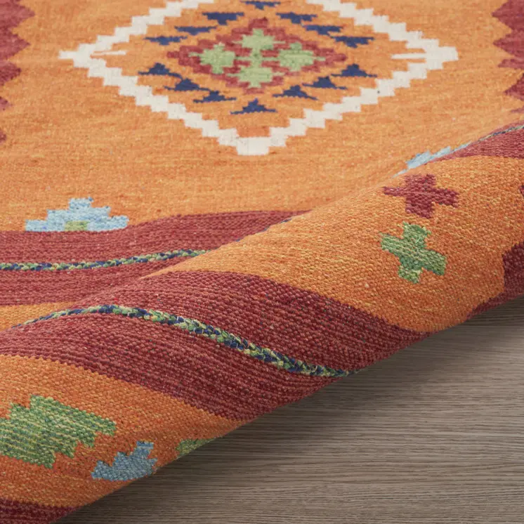 7' X 10' Orange and Red Southwestern Handmade Area Rug With Fringe