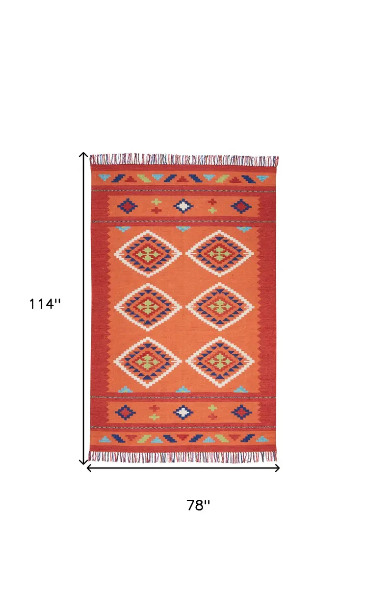 7' X 10' Orange and Red Southwestern Handmade Area Rug With Fringe
