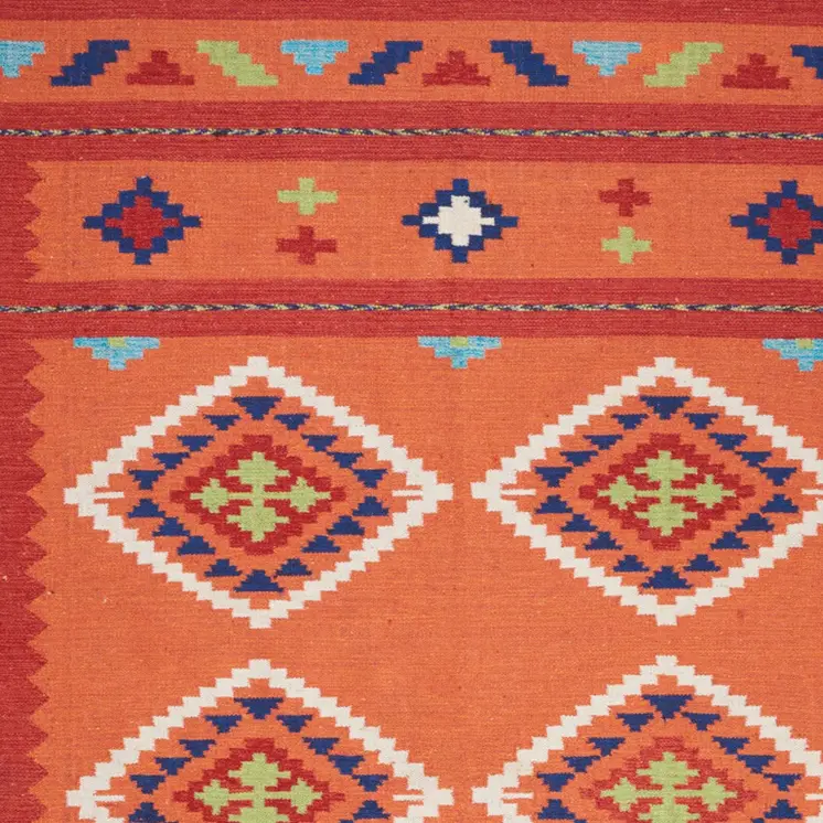 7' X 10' Orange and Red Southwestern Handmade Area Rug With Fringe