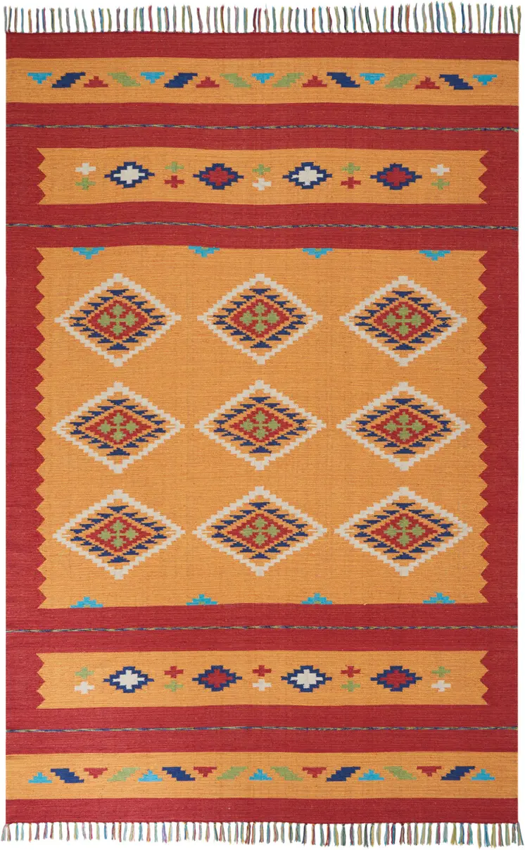 7' X 10' Orange and Red Southwestern Handmade Area Rug With Fringe