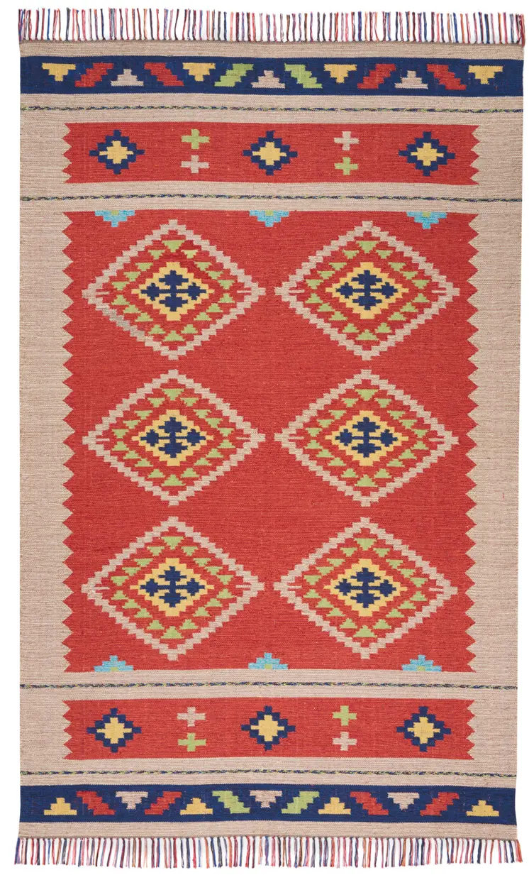 5' X 7' Beige and Red Southwestern Handmade Area Rug With Fringe