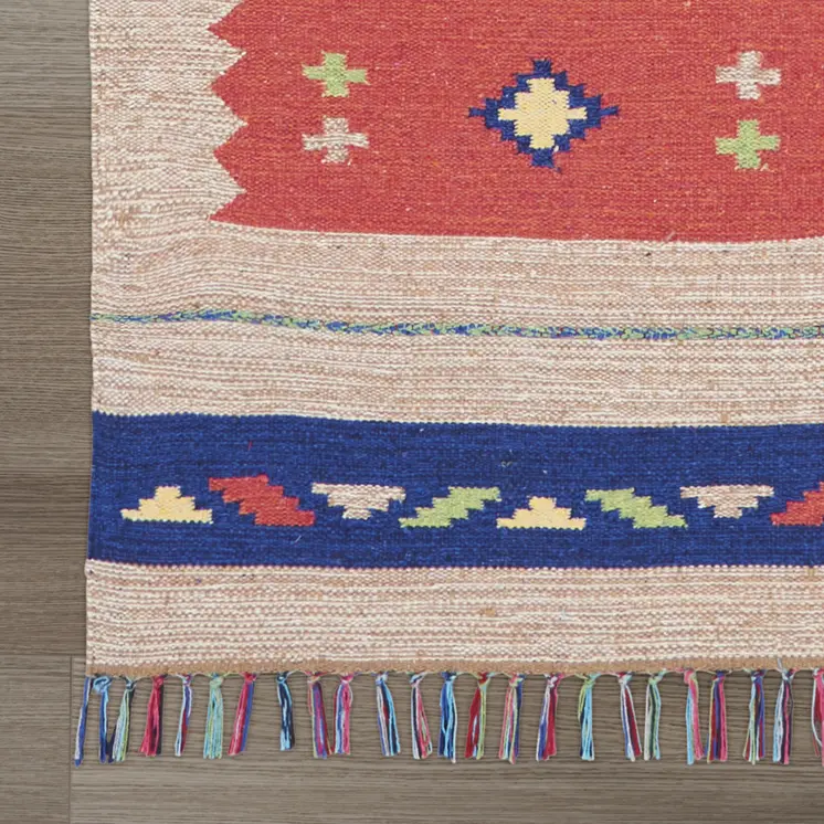 5' X 7' Beige and Red Southwestern Handmade Area Rug With Fringe