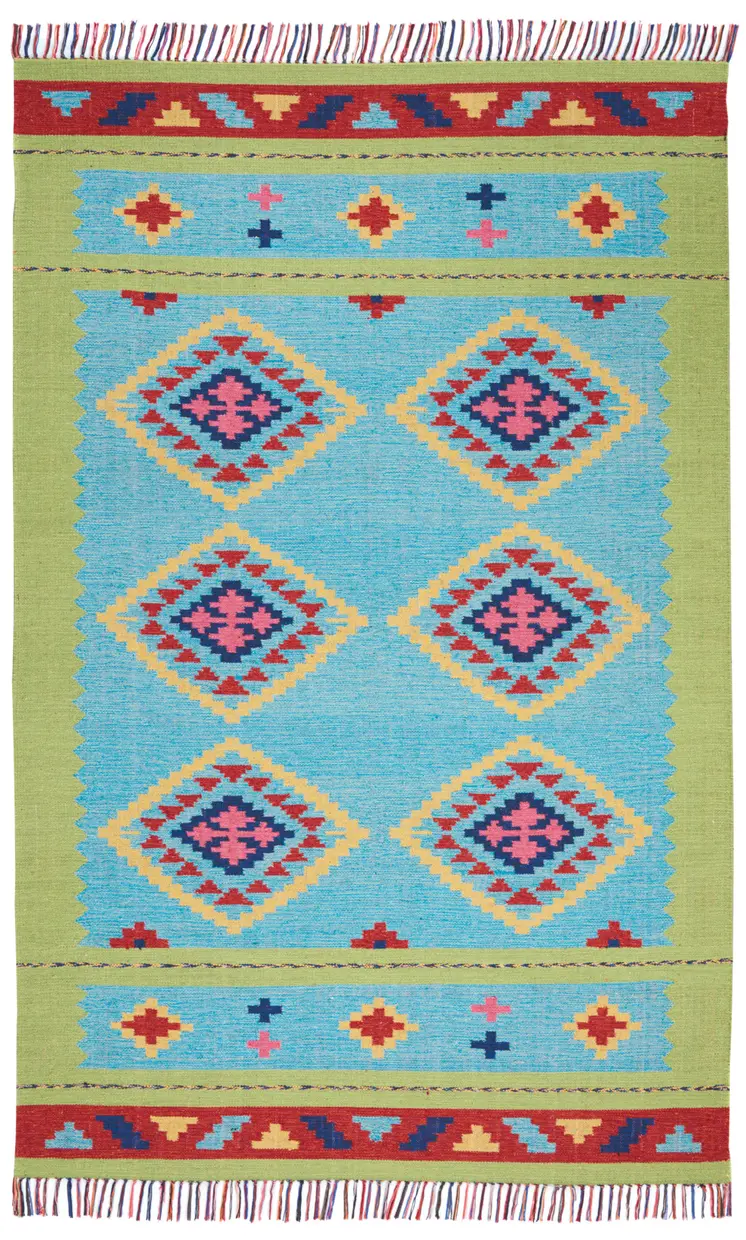 4' X 6' Blue and Green Southwestern Handmade Area Rug With Fringe