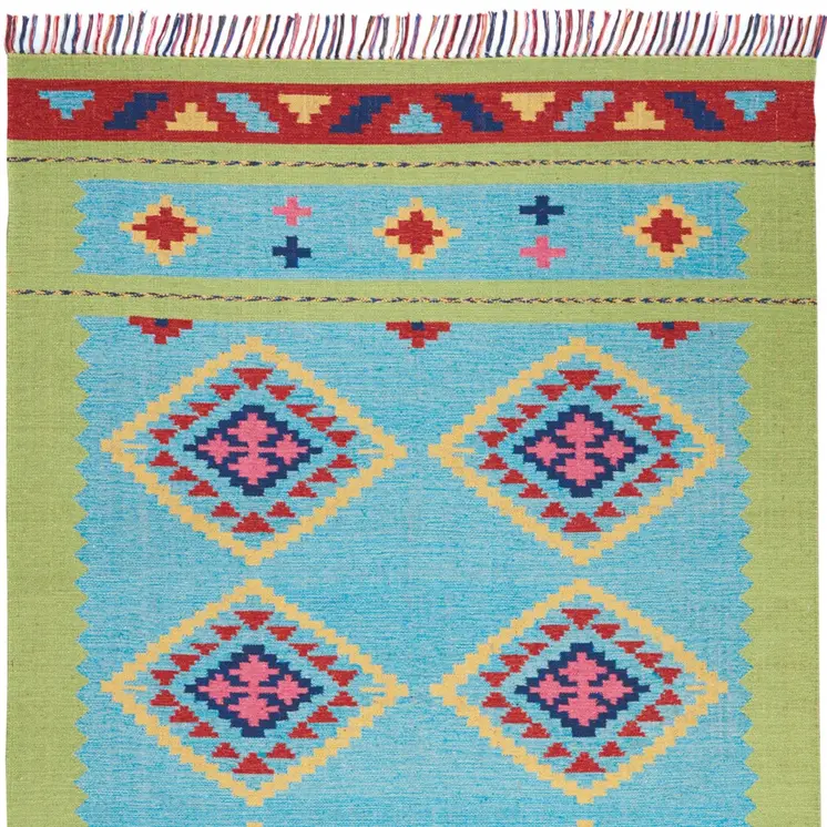 4' X 6' Blue and Green Southwestern Handmade Area Rug With Fringe