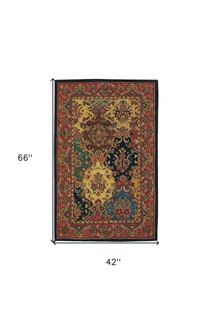 4' X 6' Tan Black and Red Wool Floral Area Rug