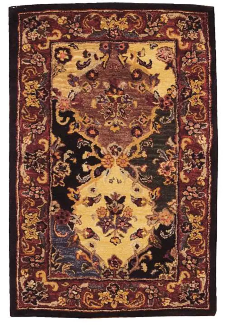 3' X 4' Tan Black and Red Wool Floral Area Rug