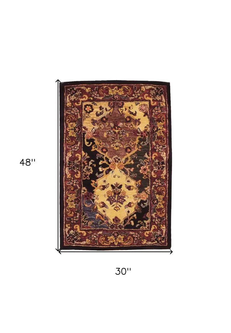 3' X 4' Tan Black and Red Wool Floral Area Rug