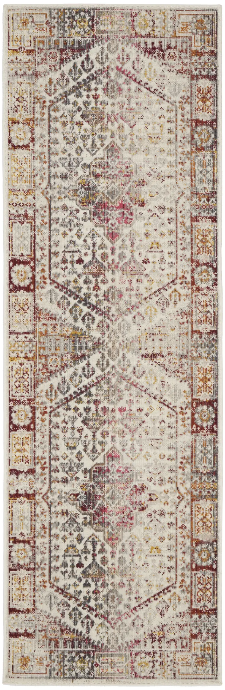 8' Ivory Red And Orange Floral Distressed Runner Rug