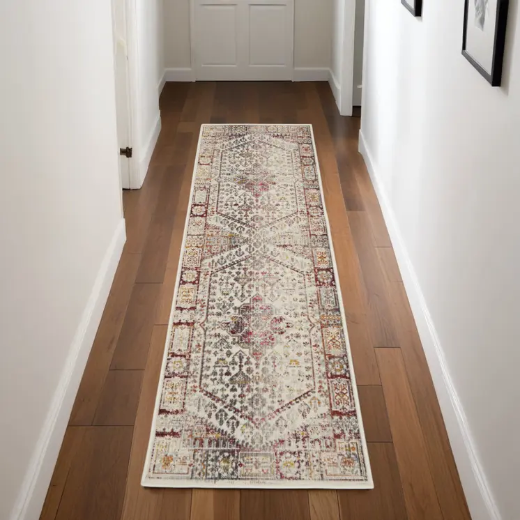 8' Ivory Red And Orange Floral Distressed Runner Rug