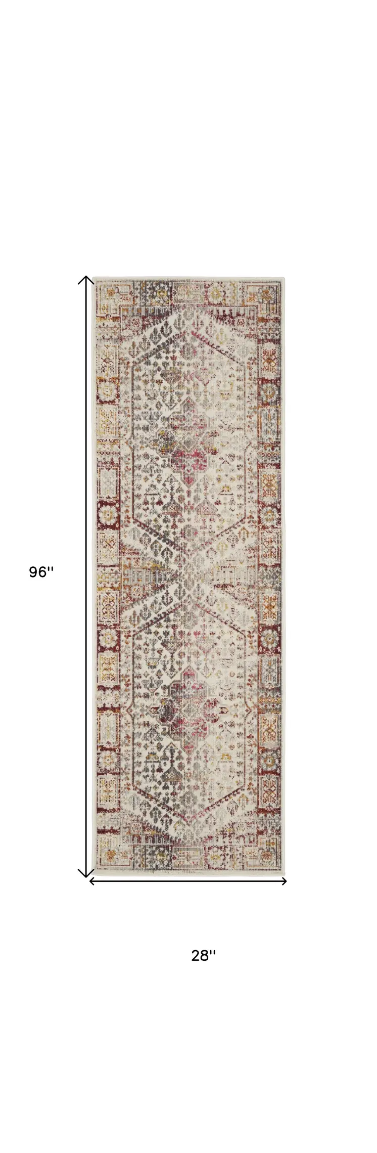 8' Ivory Red And Orange Floral Distressed Runner Rug