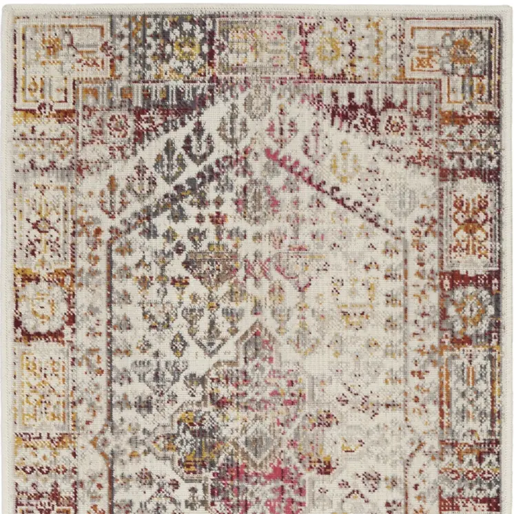 8' Ivory Red And Orange Floral Distressed Runner Rug
