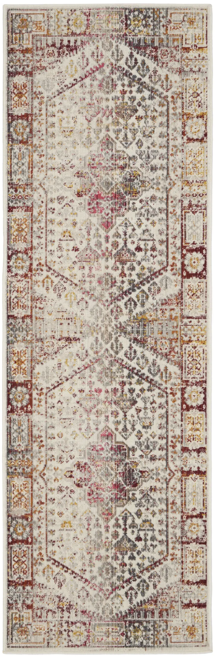 8' Ivory Red And Orange Floral Distressed Runner Rug