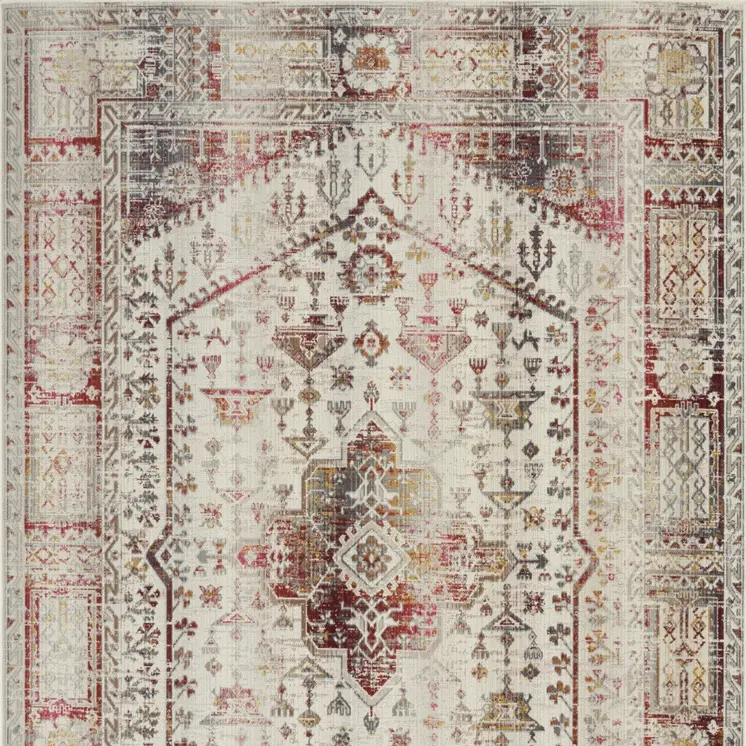 5' X 8' Ivory Red And Orange Floral Distressed Area Rug
