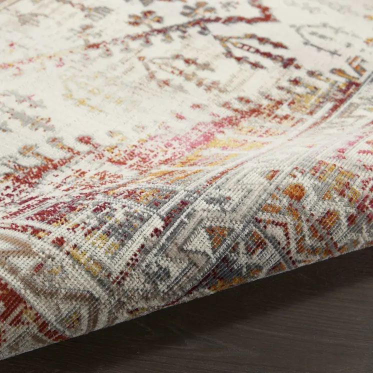5' X 8' Ivory Red And Orange Floral Distressed Area Rug
