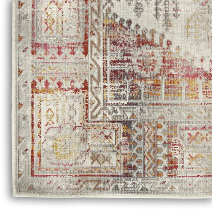 5' X 8' Ivory Red And Orange Floral Distressed Area Rug