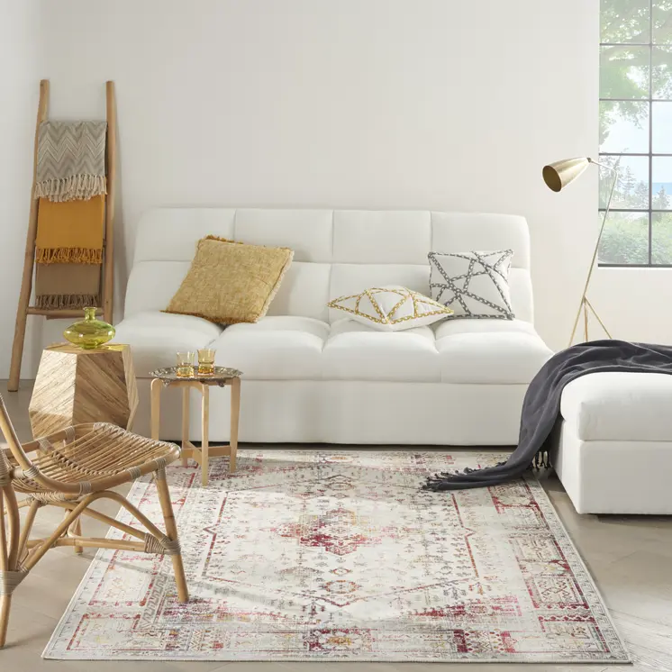 5' X 8' Ivory Red And Orange Floral Distressed Area Rug