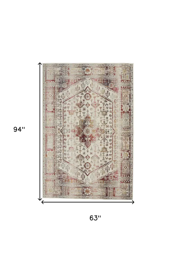 5' X 8' Ivory Red And Orange Floral Distressed Area Rug