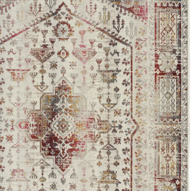 5' X 8' Ivory Red And Orange Floral Distressed Area Rug