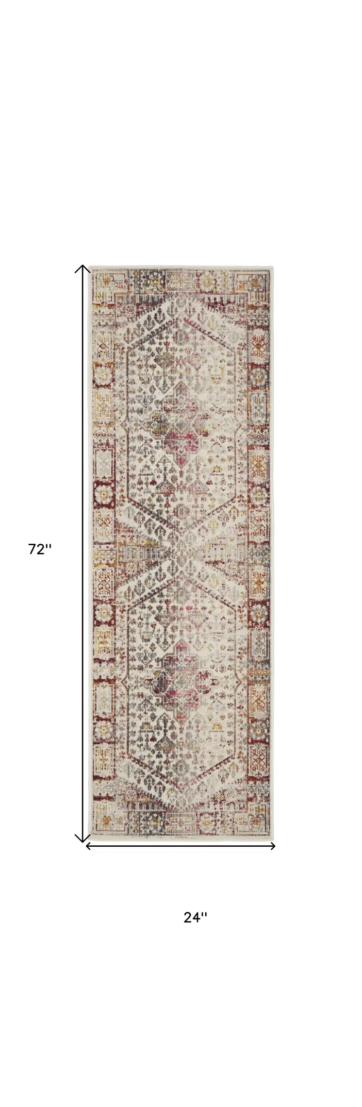 6' Ivory Red And Orange Floral Distressed Runner Rug