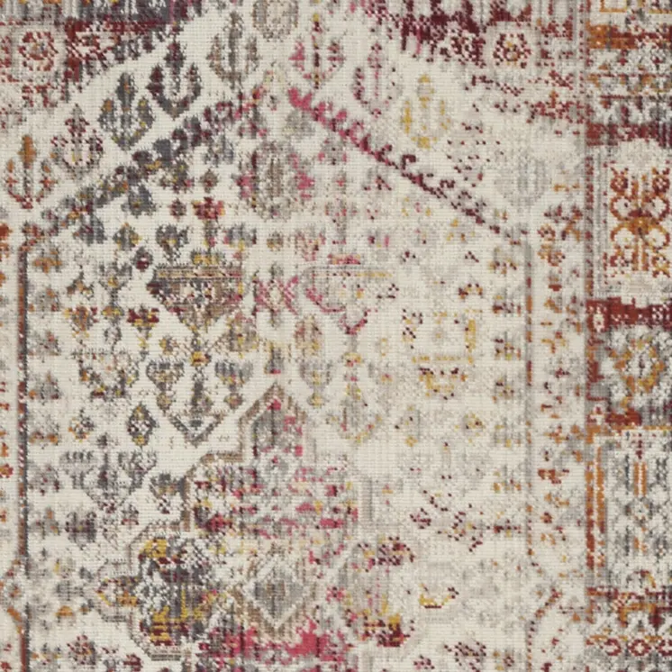 6' Ivory Red And Orange Floral Distressed Runner Rug