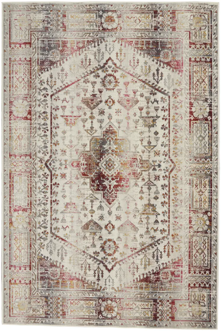 4' X 6' Ivory Red And Orange Floral Distressed Area Rug