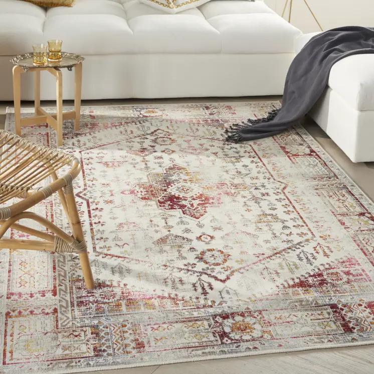 4' X 6' Ivory Red And Orange Floral Distressed Area Rug