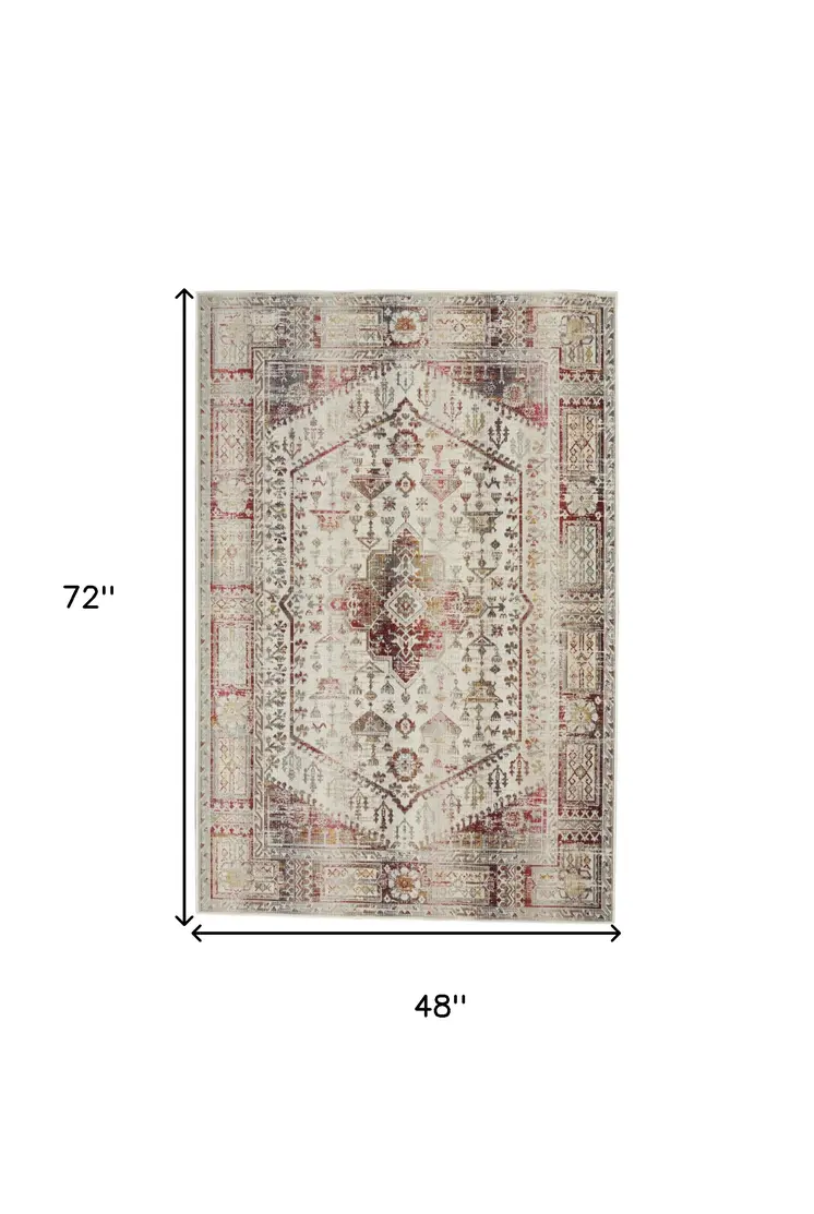 4' X 6' Ivory Red And Orange Floral Distressed Area Rug
