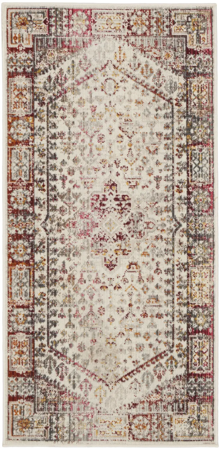 2' X 4' Ivory Red And Orange Floral Distressed Area Rug